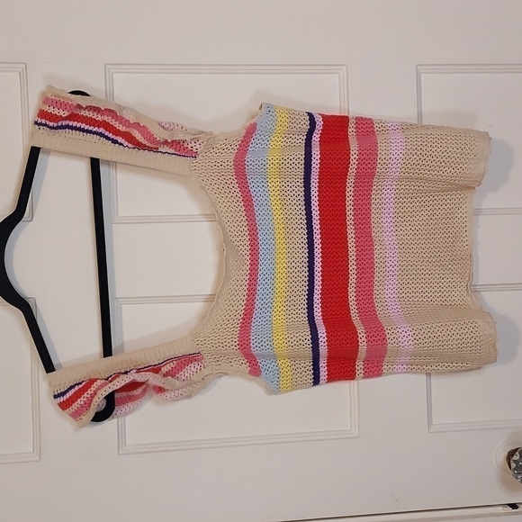 Rails Naomi Ruffle Knit Crochet Tank Top Rainbow Tan Multi Stripe - Picture 3 of 12
